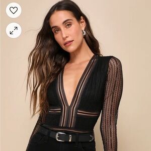 Lulus - Casita Black Sheer Lace Long Sleeve Bodysuit